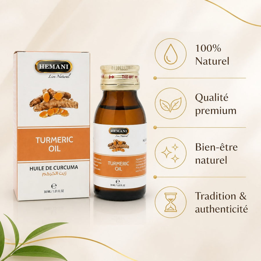 Huile de Curcuma 30mL Hemani 100% naturelle – infographie des bienfaits et des ingrédients clés