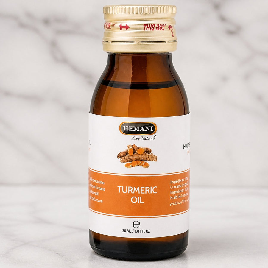 Huile de Curcuma 30mL Hemani 100% naturelle – gros plan sur les détails et la finition du packaging