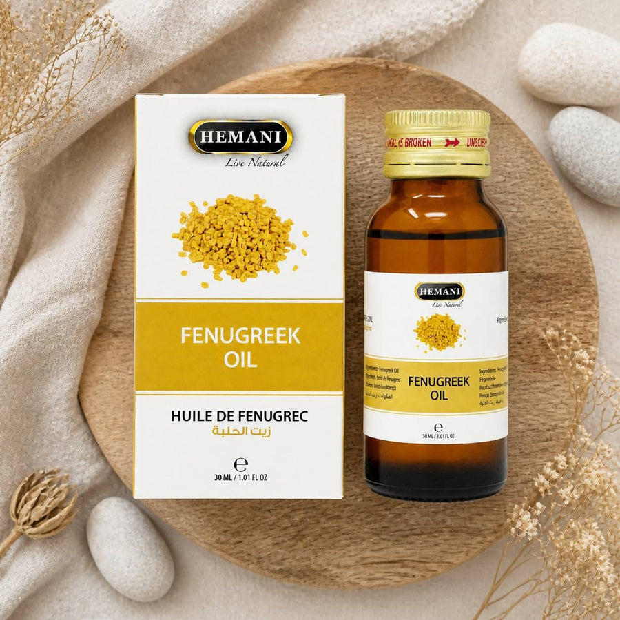 Huile de Fenugrec 30mL 100% Naturelle Hemani – composition flat lay avec éléments naturels, vue du dessus