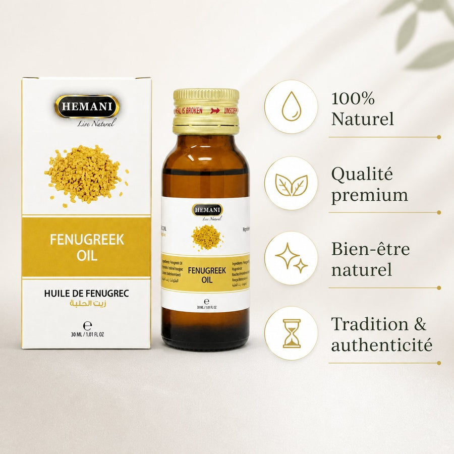 Huile de Fenugrec 30mL 100% Naturelle Hemani – infographie des bienfaits et des ingrédients clés