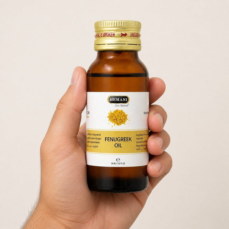 Huile de Fenugrec 30mL 100% Naturelle Hemani – taille et contenance réelles du produit en main