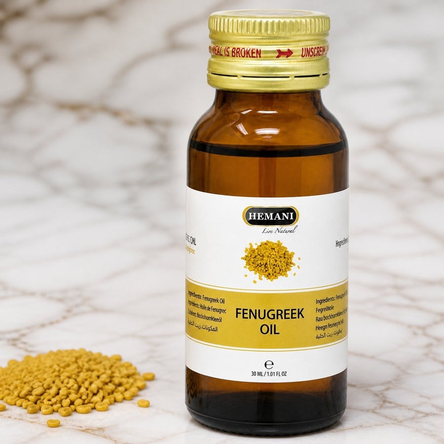 Huile de Fenugrec 30mL 100% Naturelle Hemani – gros plan sur les détails et la finition du packaging