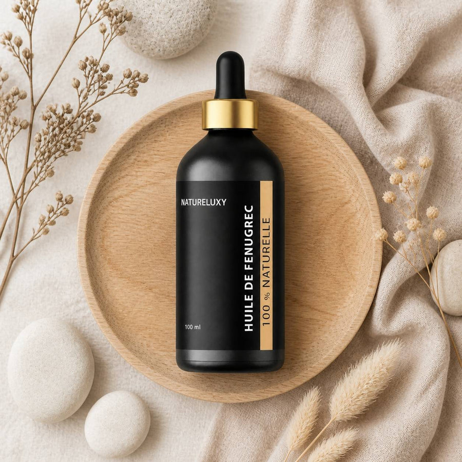 Huile de Fenugrec 100mL à Pipette – composition flat lay avec éléments naturels, vue du dessus
