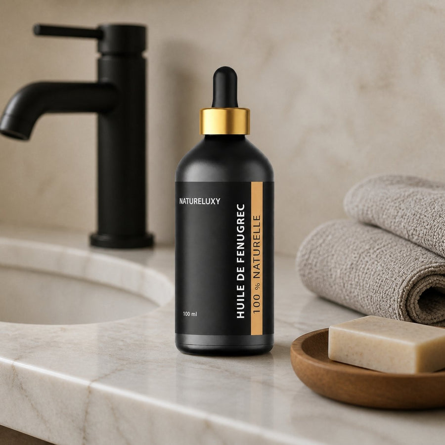 Huile de Fenugrec 100mL à Pipette – présentation du produit dans une salle de bain lumineuse et naturelle