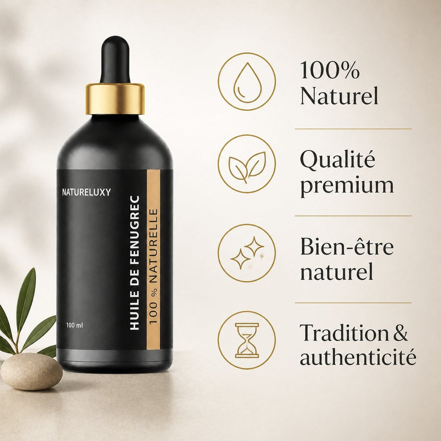 Huile de Fenugrec 100mL à Pipette – infographie des bienfaits et des ingrédients clés