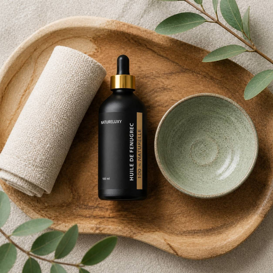 Huile de Fenugrec 100mL à Pipette – rituel d'utilisation vu du dessus, ambiance naturelle zen