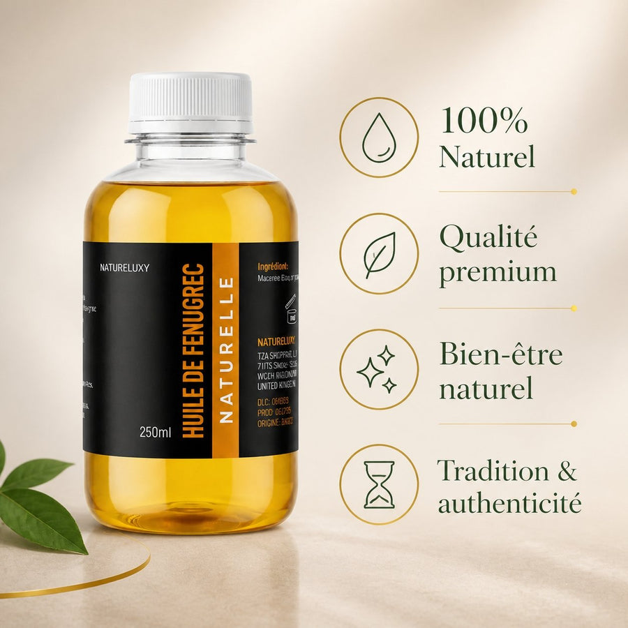 Huile de Fenugrec 250mL – infographie des bienfaits et des ingrédients clés