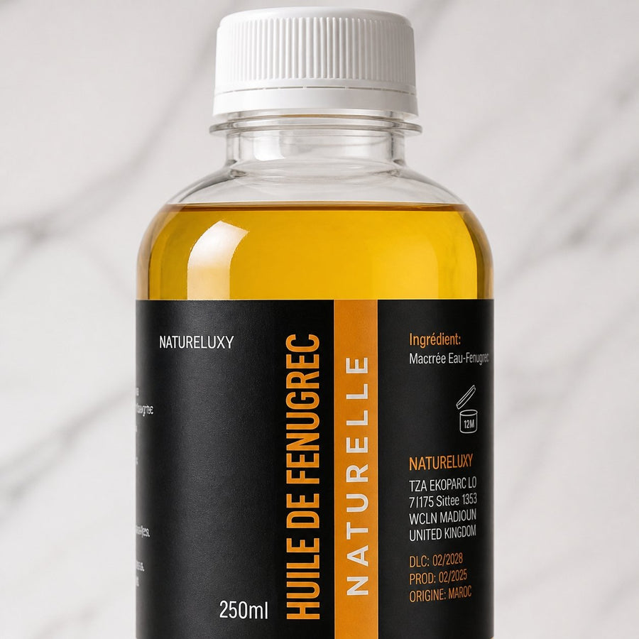 Huile de Fenugrec 250mL – gros plan sur les détails et la finition du packaging