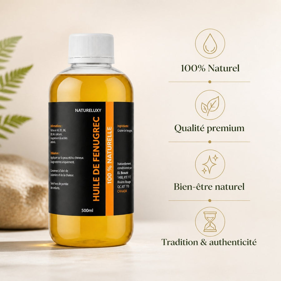 Huile de Fenugrec 500mL – infographie des bienfaits et des ingrédients clés