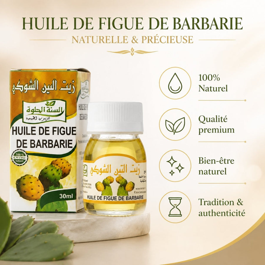 Huile de figue de barbarie 30 ml – Macérat huileux, vitamine E & oméga‑6 (soin beauté) – infographie des bienfaits et des ingrédients clés