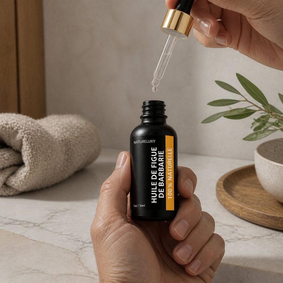Huile de Figue de Barbarie 30 ml avec Pipette – Huile végétale visage anti‑âge & anti‑rides – application en situation réelle, geste de soin quotidien