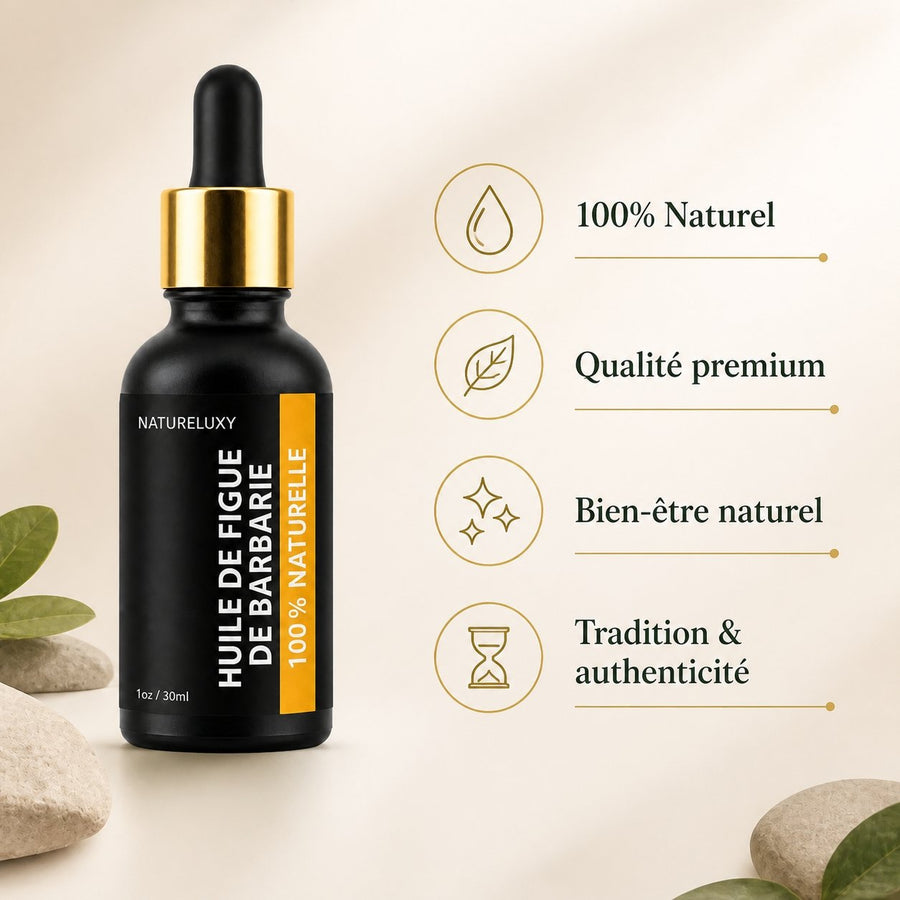 Huile de Figue de Barbarie 30 ml avec Pipette – Huile végétale visage anti‑âge & anti‑rides – infographie des bienfaits et des ingrédients clés