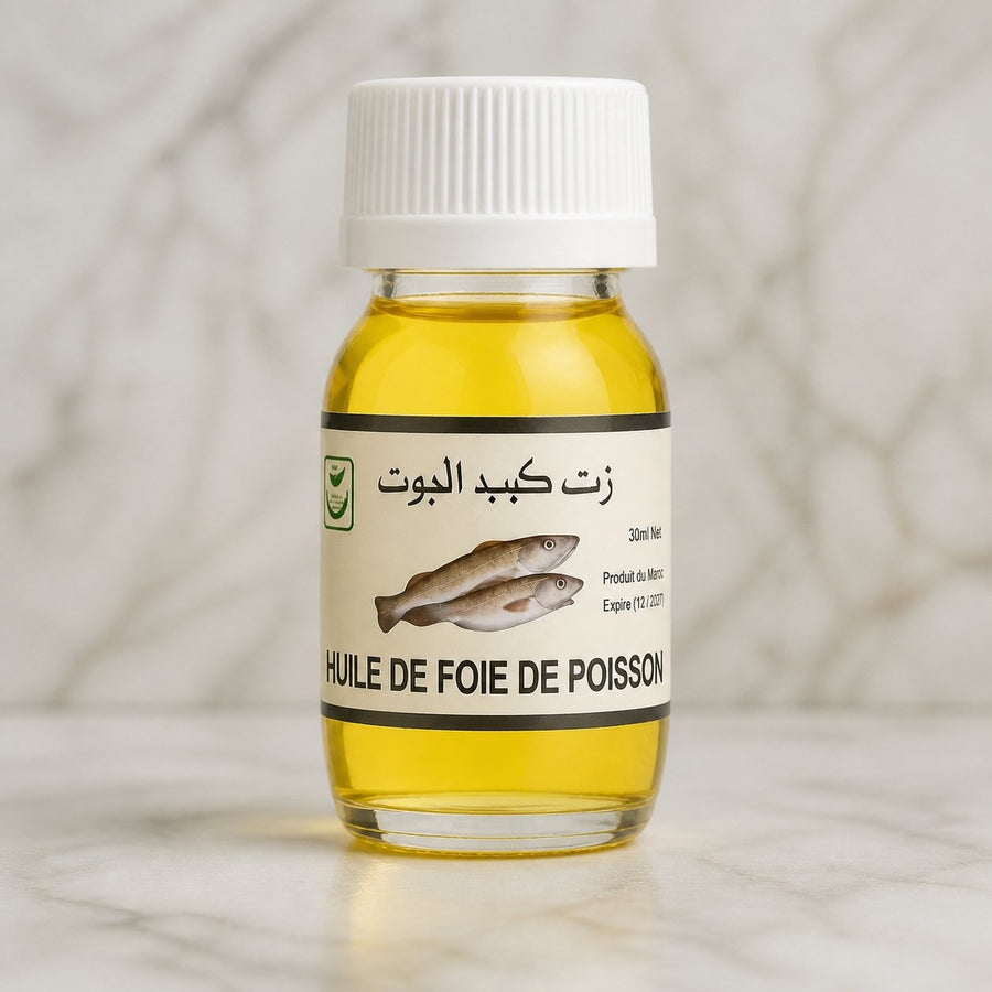 Huile de Foie de Morue 30mL – gros plan sur les détails et la finition du packaging