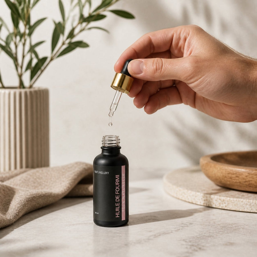 Huile de Fourmi contre la pousse du poil - 30ml – application en situation réelle, geste de soin quotidien