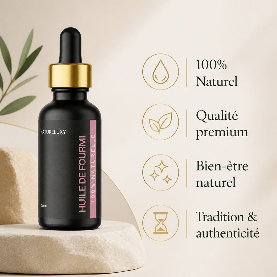 Huile de Fourmi contre la pousse du poil - 30ml – infographie des bienfaits et des ingrédients clés