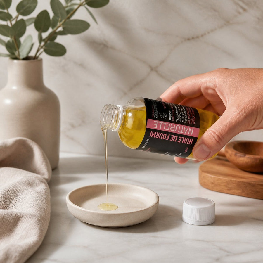 Huile de Fourmi 250mL Natureluxy Contre la Pousse des Poils – application en situation réelle, geste de soin quotidien
