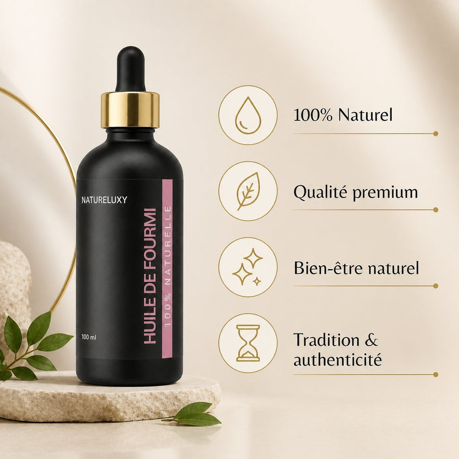 Huile de Fourmis 100 mL Pipette - Soin Après Épilation – infographie des bienfaits et des ingrédients clés