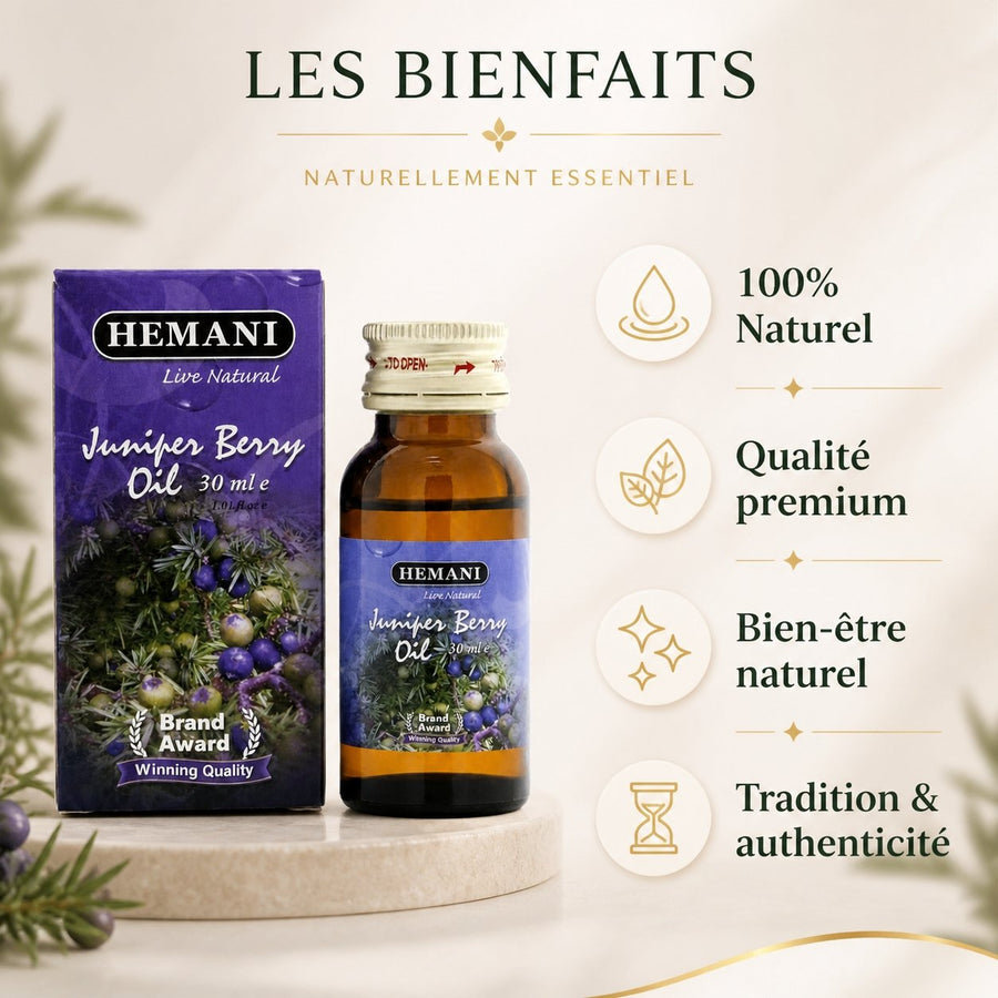 Huile de Genévrier 30mL Hemani – infographie des bienfaits et des ingrédients clés
