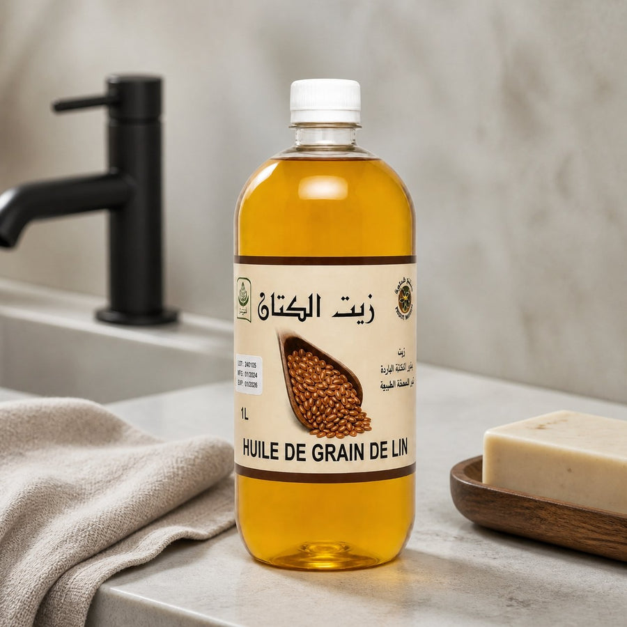 Huile de Germe de Blé 100% Naturel - 1L – présentation du produit dans une salle de bain lumineuse et naturelle