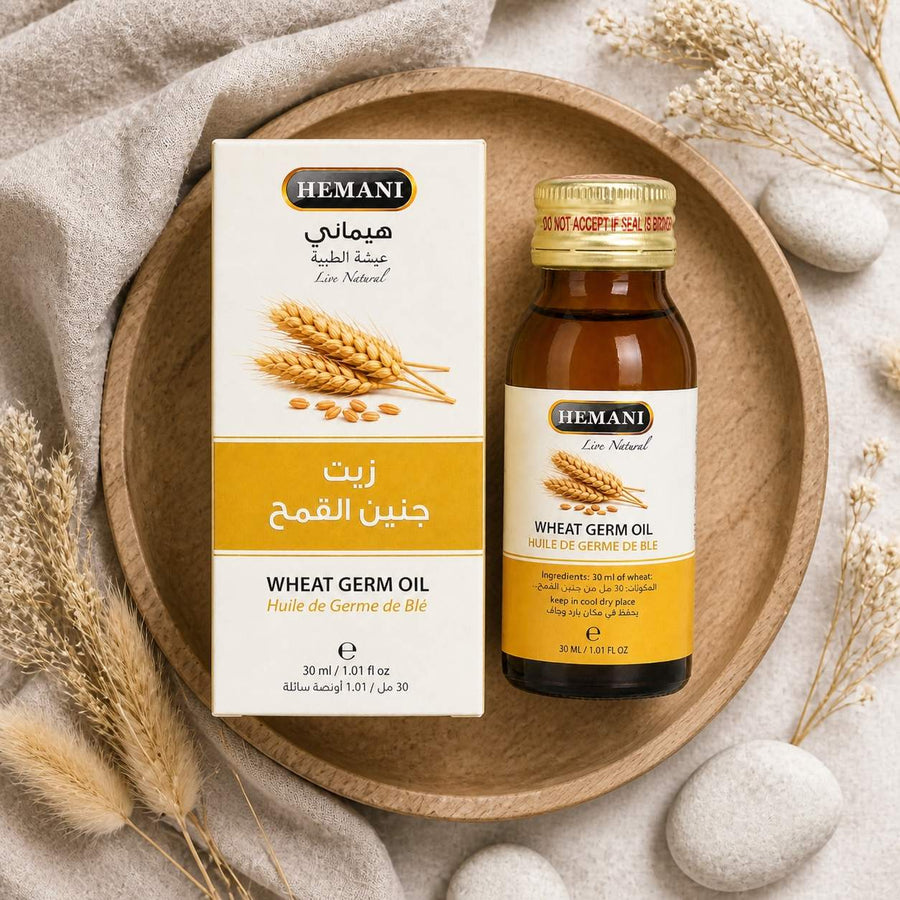 Huile de Germe de Blé 30ml Naturelle Hemani – composition flat lay avec éléments naturels, vue du dessus