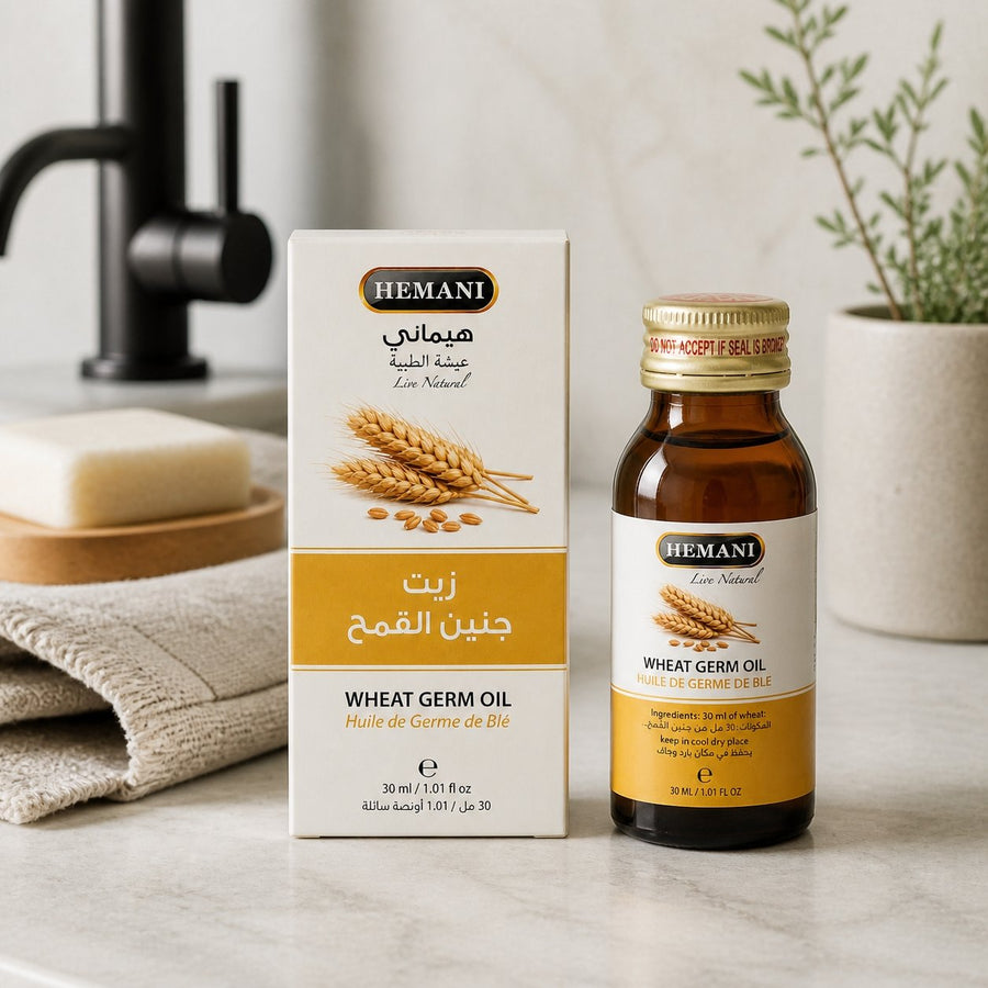 Huile de Germe de Blé 30ml Naturelle Hemani – présentation du produit dans une salle de bain lumineuse et naturelle