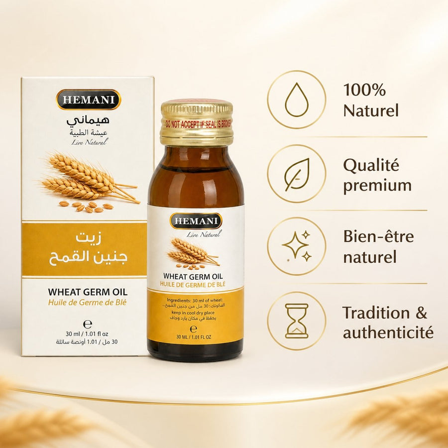 Huile de Germe de Blé 30ml Naturelle Hemani – infographie des bienfaits et des ingrédients clés