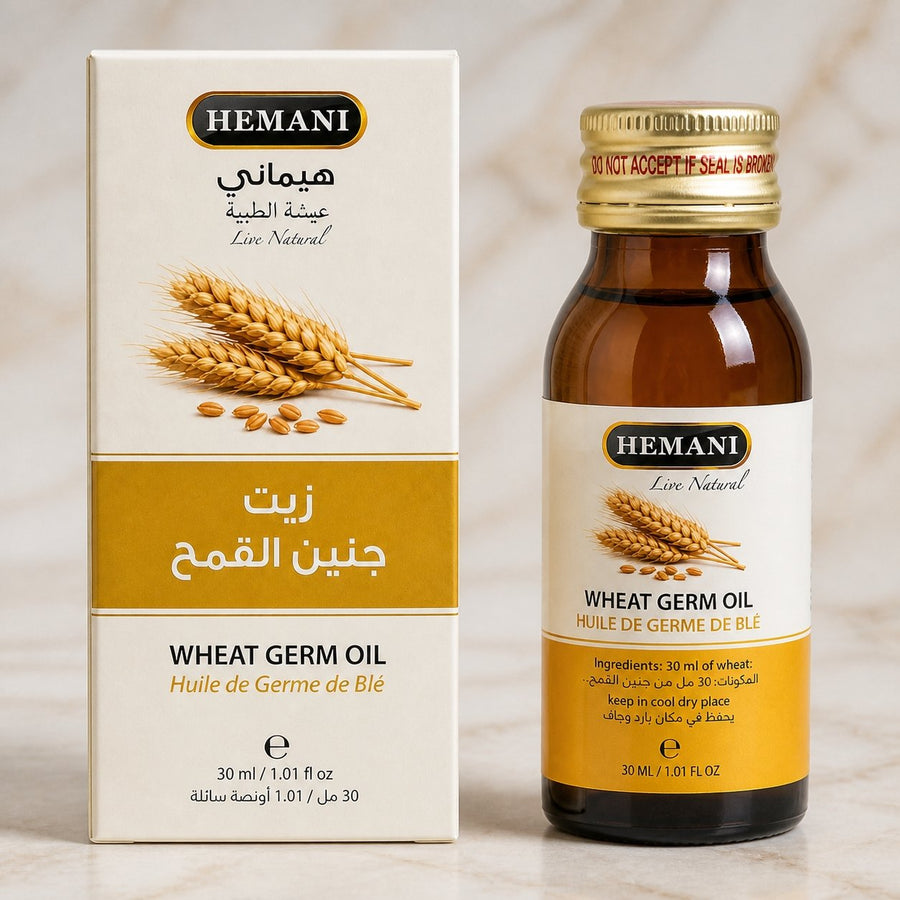 Huile de Germe de Blé 30ml Naturelle Hemani – gros plan sur les détails et la finition du packaging