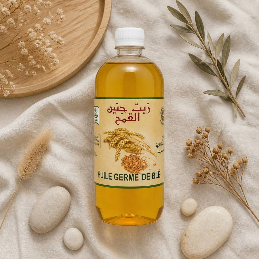 Huile de Grain de Lin 100% Naturel - 1L – composition flat lay avec éléments naturels, vue du dessus