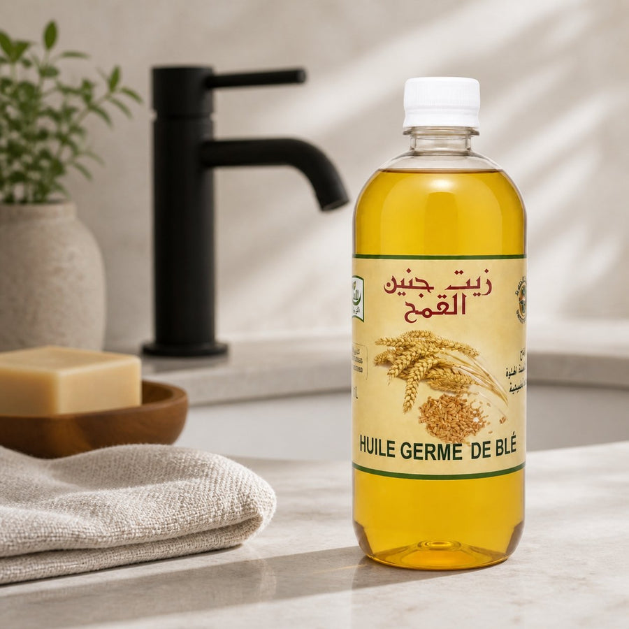 Huile de Grain de Lin 100% Naturel - 1L – présentation du produit dans une salle de bain lumineuse et naturelle