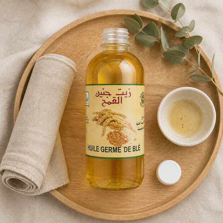 Huile de Grain de Lin 100% Naturel - 1L – rituel d'utilisation vu du dessus, ambiance naturelle zen