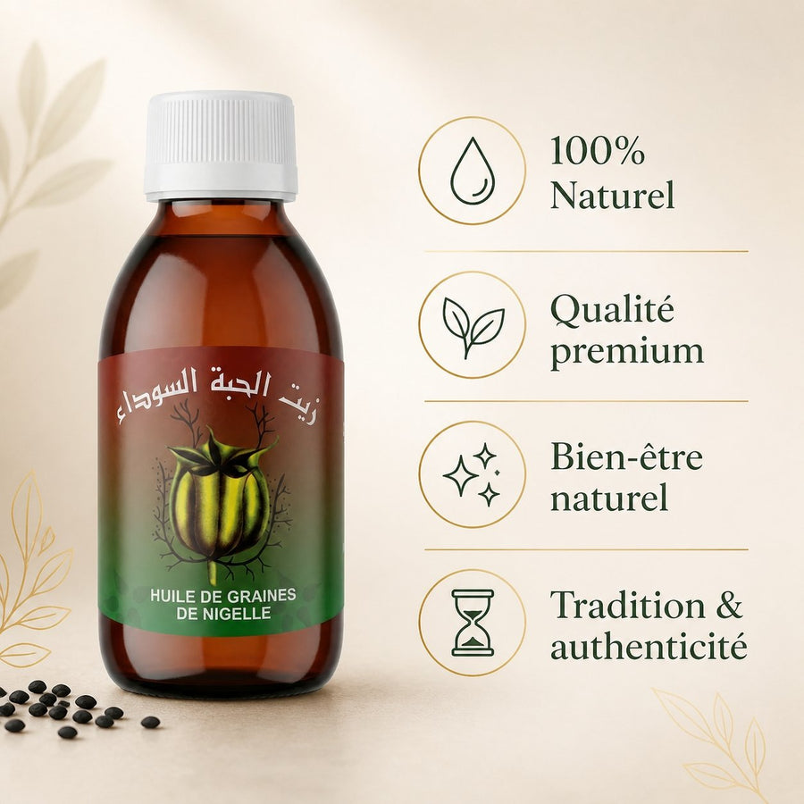 Huile de Graine de Nigelle Sweet Sunna 125 ml – Huile de Cumin Noir, Usage Alimentaire & Bien‑Être – infographie des bienfaits et des ingrédients clés