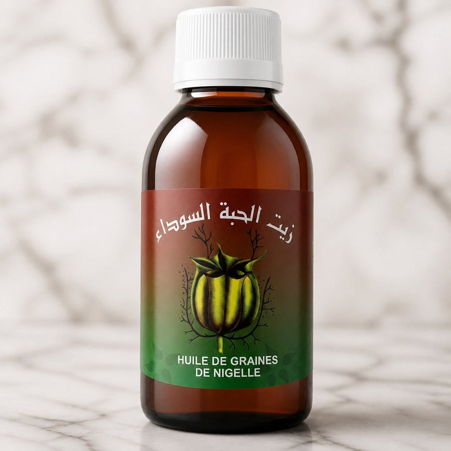 Huile de Graine de Nigelle Sweet Sunna 125 ml – Huile de Cumin Noir, Usage Alimentaire & Bien‑Être – gros plan sur les détails et la finition du packaging
