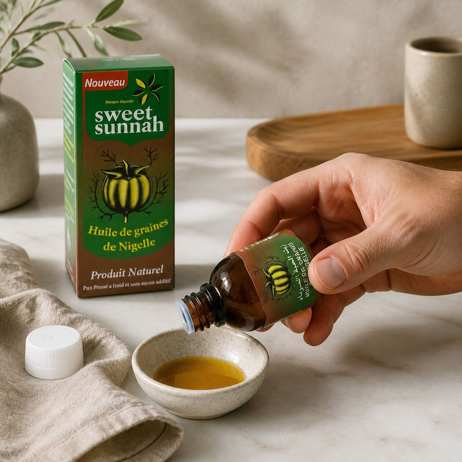 Huile de Graine de Nigelle Sweet Sunna 60ml – application en situation réelle, geste de soin quotidien