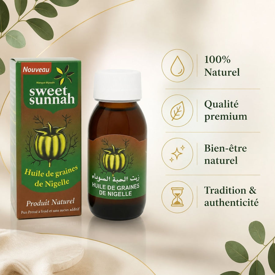 Huile de Graine de Nigelle Sweet Sunna 60ml – infographie des bienfaits et des ingrédients clés