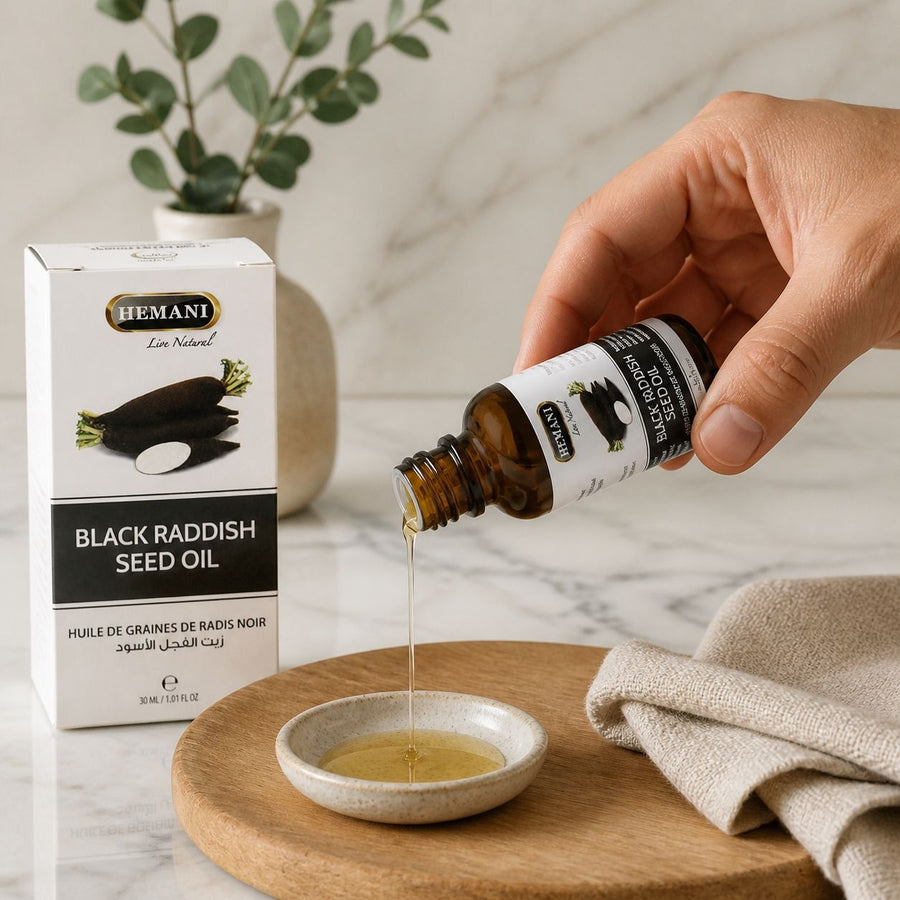 Huile de Graine de Radis Noir 30mL 100% Naturelle Hemani – application en situation réelle, geste de soin quotidien