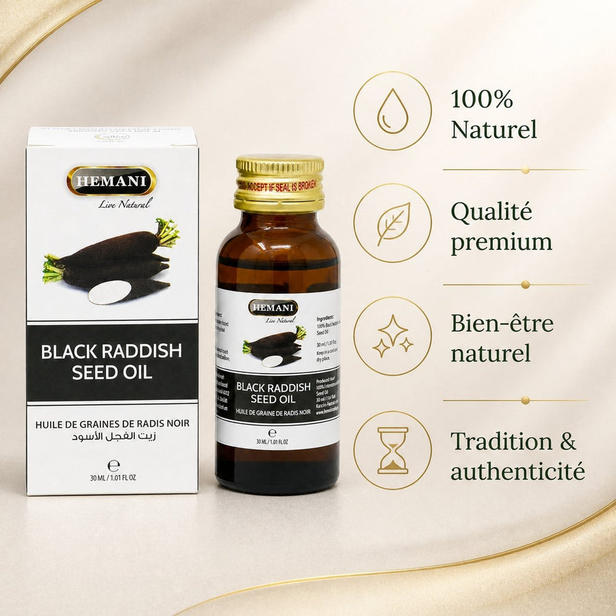 Huile de Graine de Radis Noir 30mL 100% Naturelle Hemani – infographie des bienfaits et des ingrédients clés