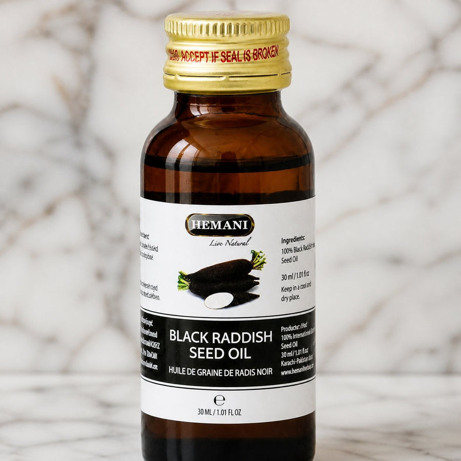 Huile de Graine de Radis Noir 30mL 100% Naturelle Hemani – gros plan sur les détails et la finition du packaging