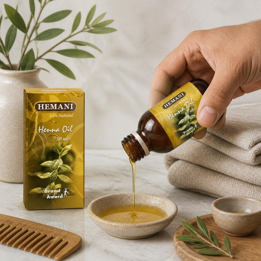 Huile de Henné 30mL 100% Naturelle Hemani – application en situation réelle, geste de soin quotidien