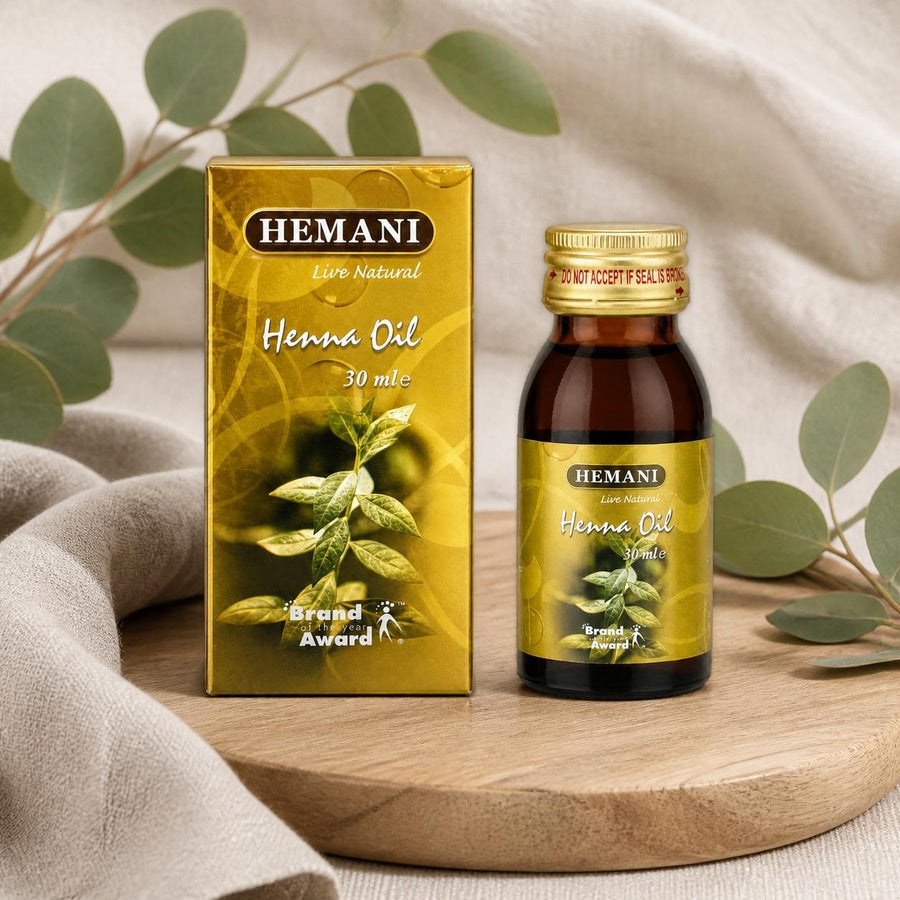 Huile de Henné 30mL 100% Naturelle Hemani – composition sur plateau en bois