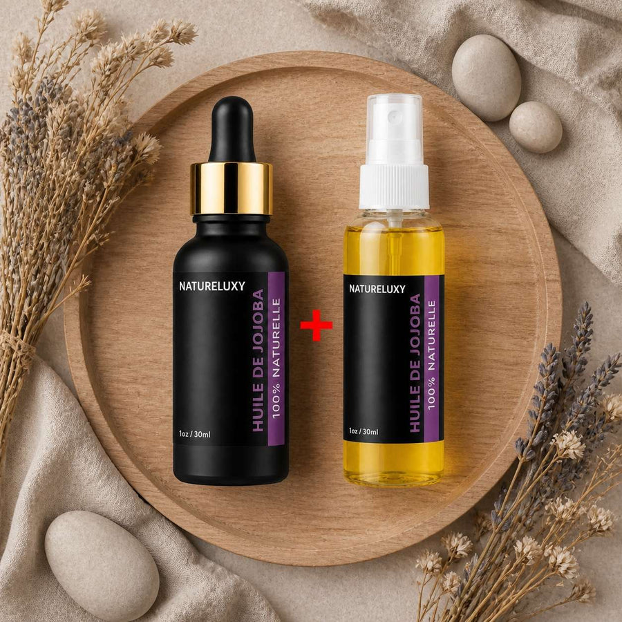 huile de jojoba 30mL pipette + huile de jojoba 30mL 100% naturelle – composition flat lay avec éléments naturels, vue du dessus