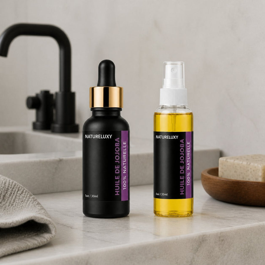 huile de jojoba 30mL pipette + huile de jojoba 30mL 100% naturelle – présentation du produit dans une salle de bain lumineuse et naturelle