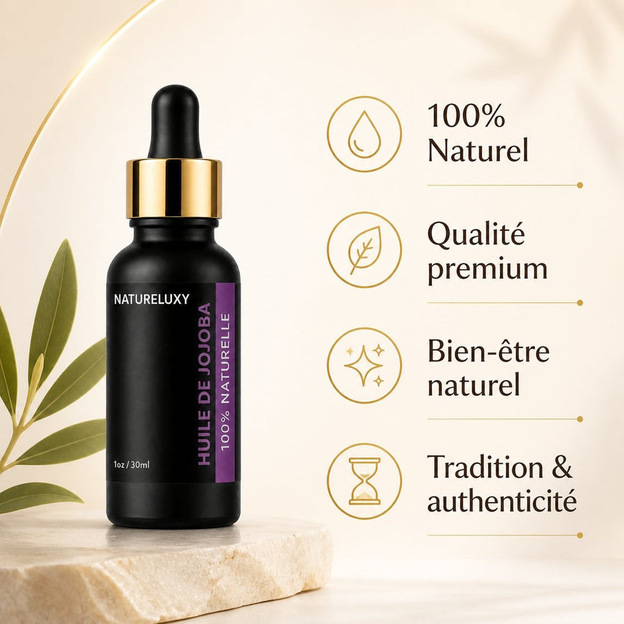 huile de jojoba 30mL pipette + huile de jojoba 30mL 100% naturelle – infographie des bienfaits et des ingrédients clés