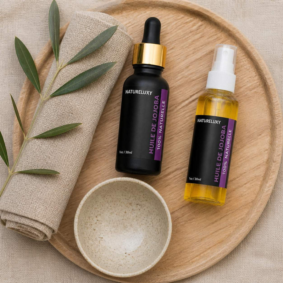 huile de jojoba 30mL pipette + huile de jojoba 30mL 100% naturelle – rituel d'utilisation vu du dessus, ambiance naturelle zen