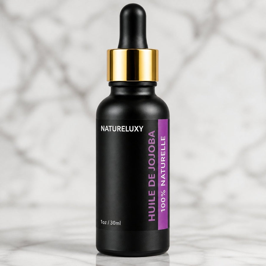 huile de jojoba 30mL pipette + huile de jojoba 30mL 100% naturelle – gros plan sur les détails et la finition du packaging