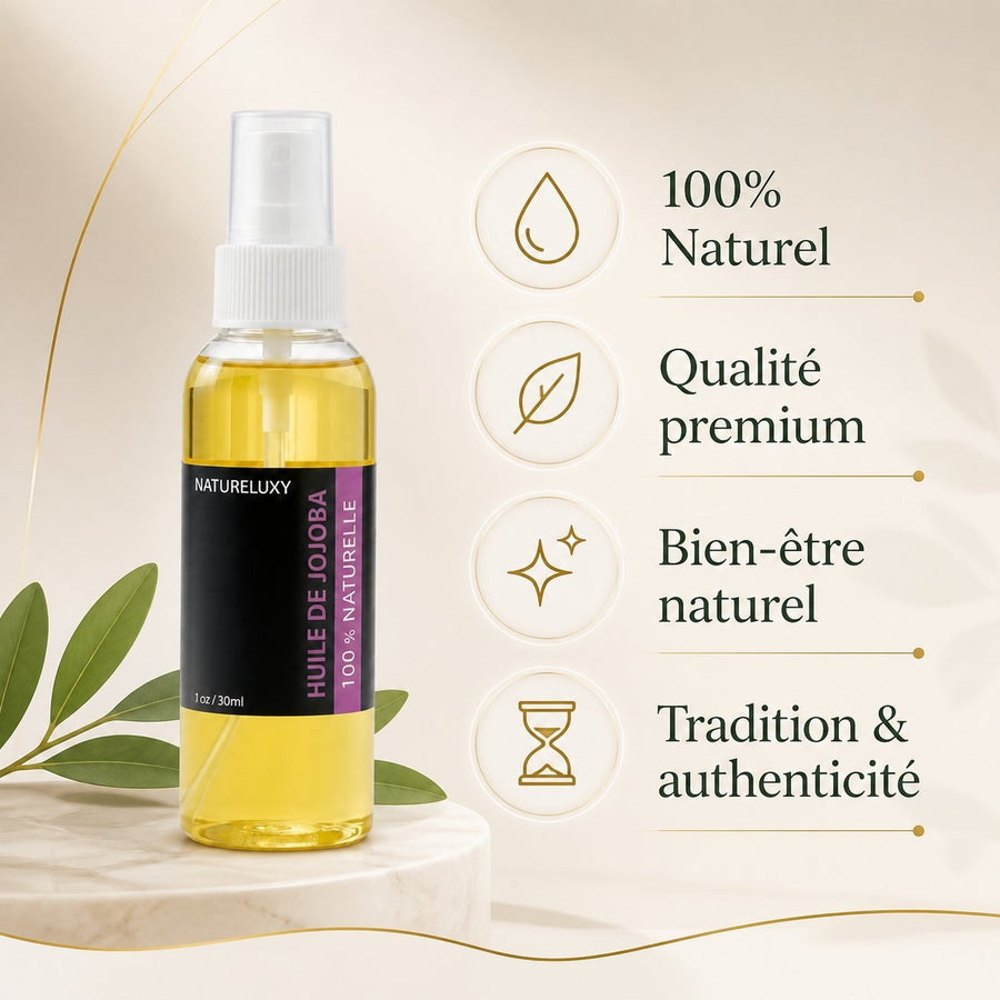 huile de Jojoba 30mL Spray 100% Naturelle – infographie des bienfaits et des ingrédients clés
