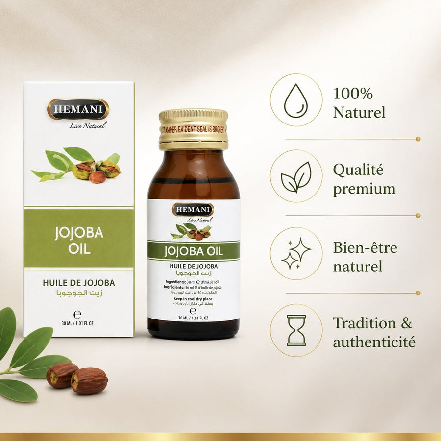 Huile de Jojoba Hemani Naturel - 30mL – infographie des bienfaits et des ingrédients clés