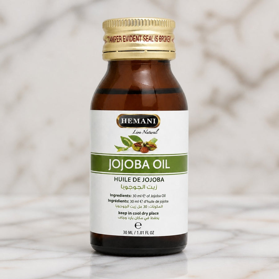 Huile de Jojoba Hemani Naturel - 30mL – gros plan sur les détails et la finition du packaging