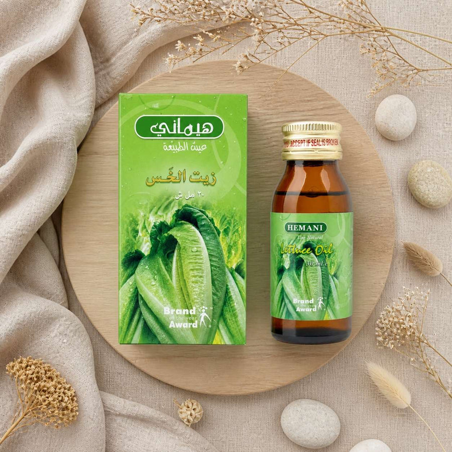 Huile de Laitue 30mL Hemani – composition flat lay avec éléments naturels, vue du dessus