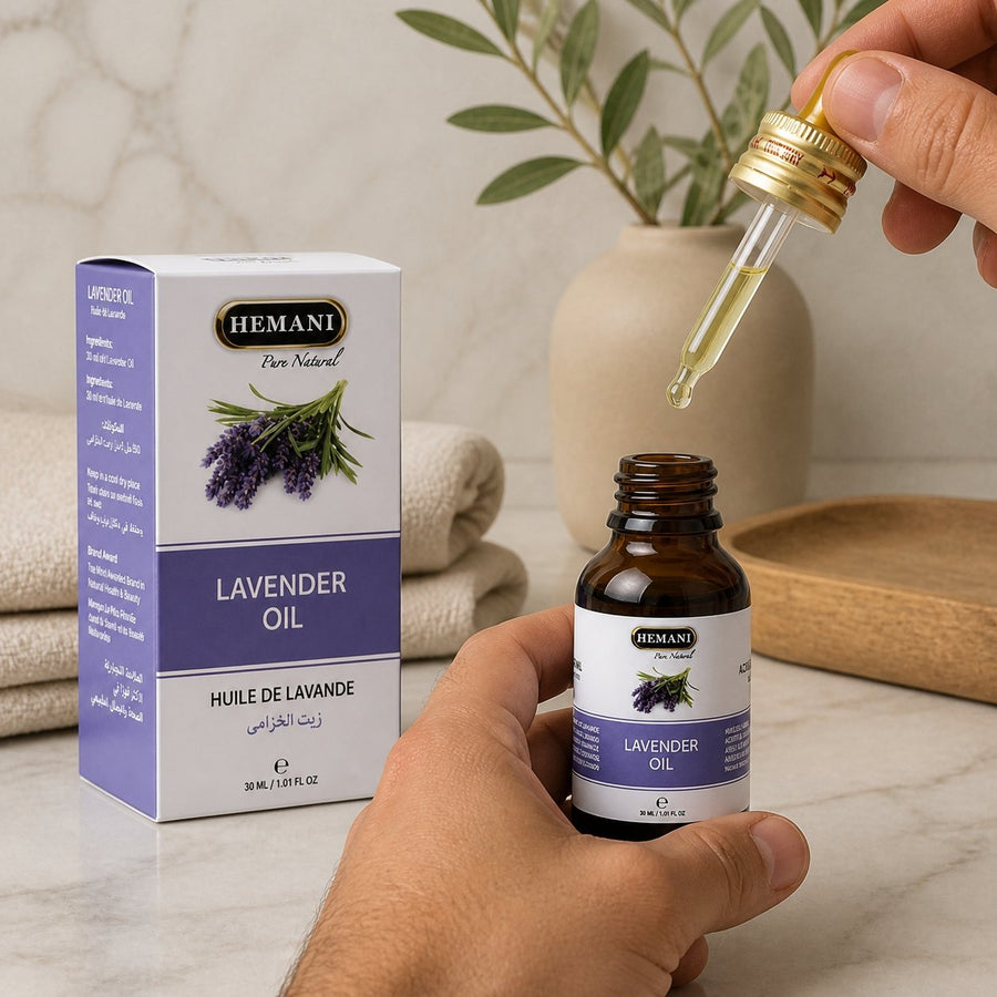 Huile de Lavande 30mL Hemani – application en situation réelle, geste de soin quotidien