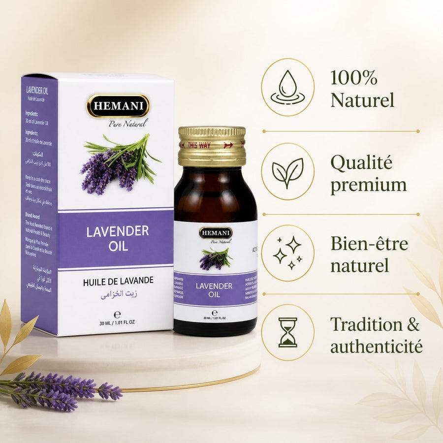 Huile de Lavande 30mL Hemani – infographie des bienfaits et des ingrédients clés